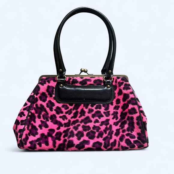 Handbags - Vintage Y2K Pink leopard print faux fur handbag with black leather trim